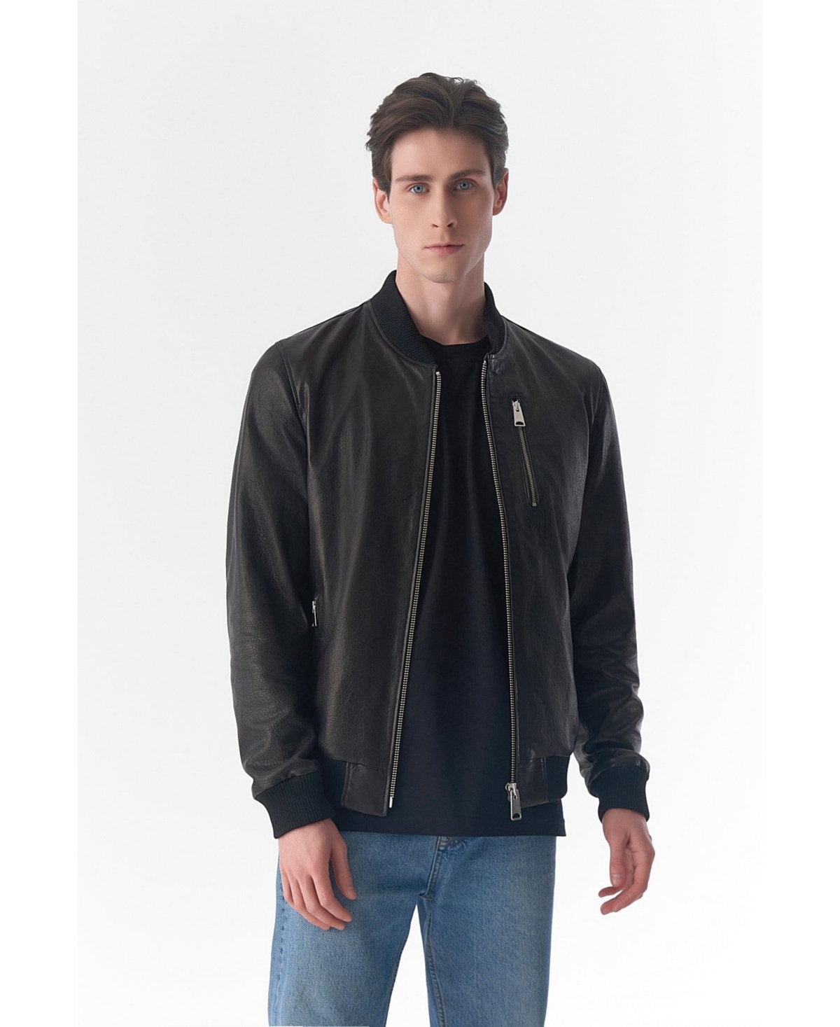 Furniq Uk Men's Genuine Leather Bomber Jacket, Natural Gra- Black