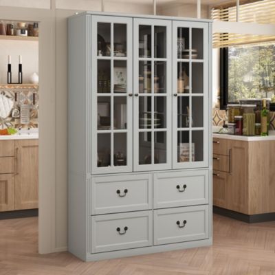Grey Wood Bookcase With Tempered Glass Doors and 6-Drawers