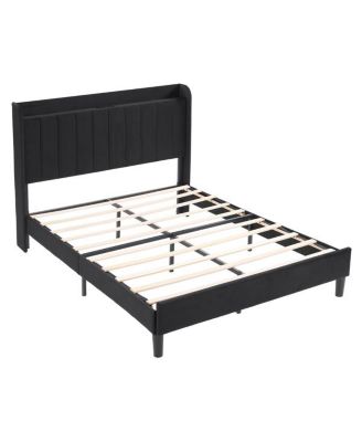Queen Size Velvet Bed Frame with Built-In Charging Station and Storage Shelf - 47
