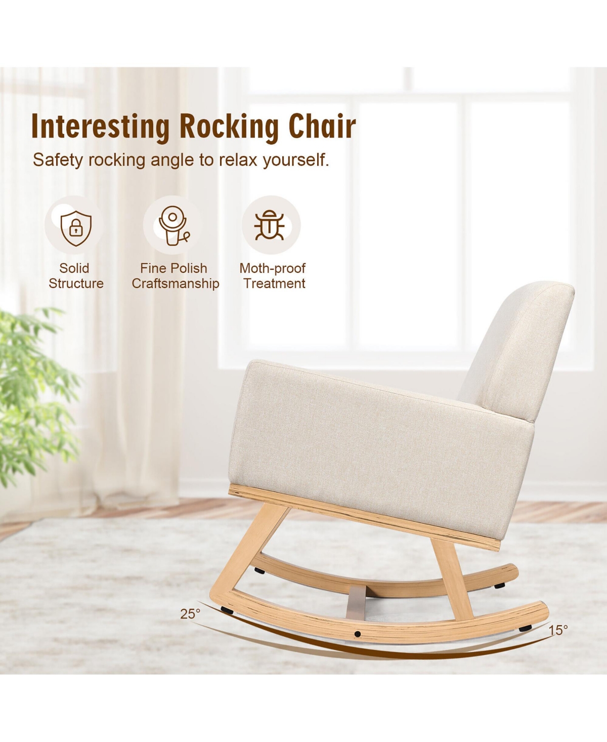 Gymax Mid Century Fabric Lounge Chair Upholstered Accent Armchair Rocking Chair Beige