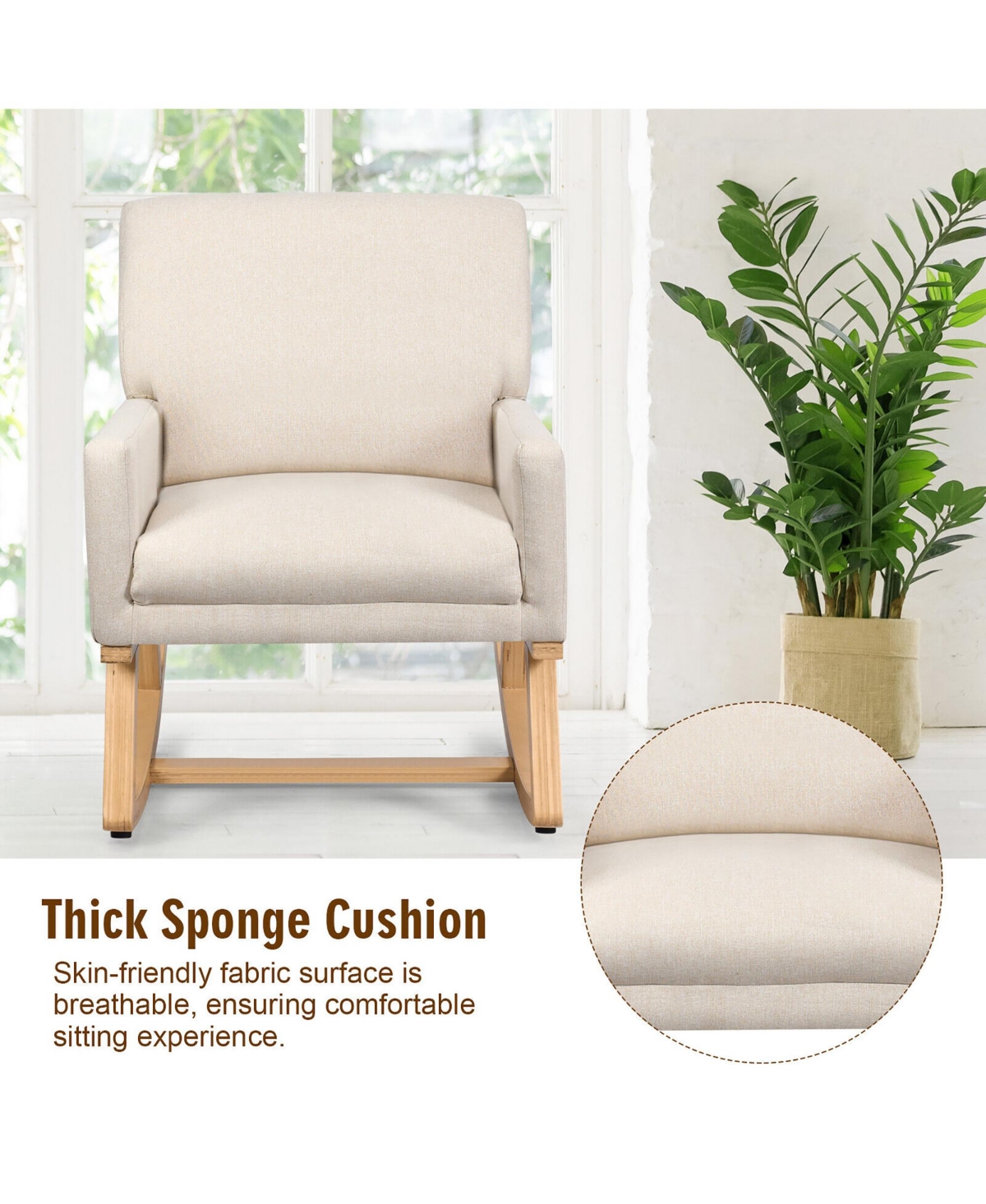 Gymax Mid Century Fabric Lounge Chair Upholstered Accent Armchair Rocking Chair Beige - Light beige+natural