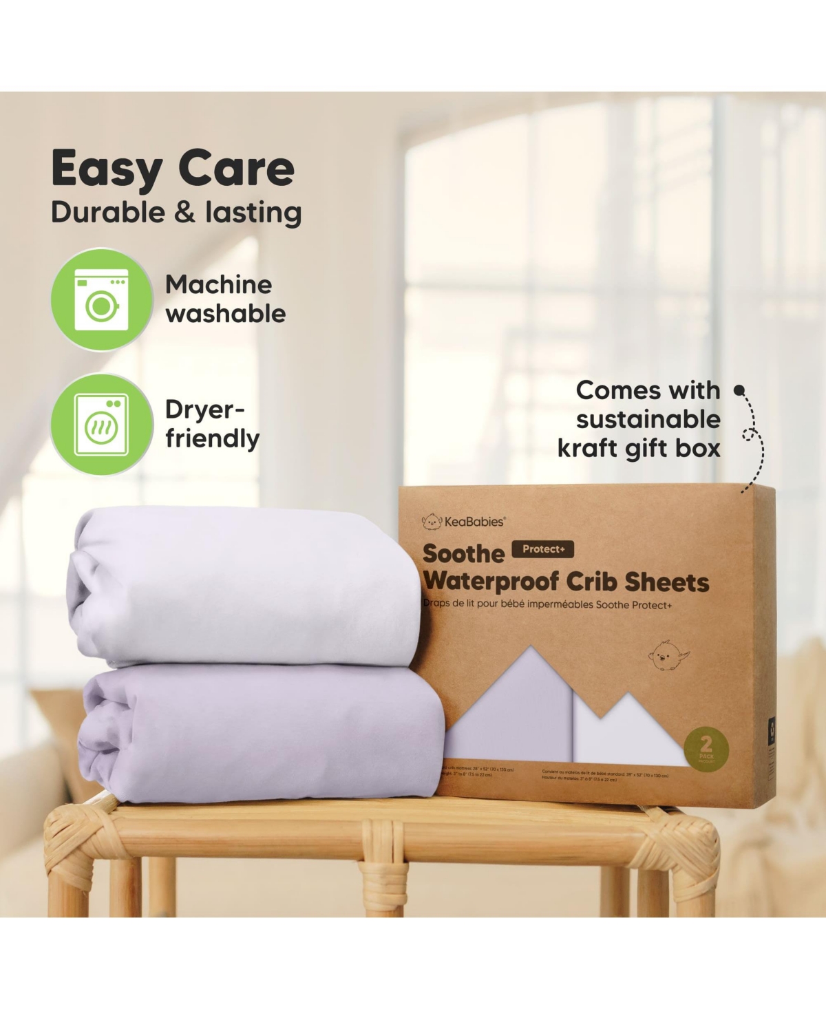 KeaBabies 2pk Soothe Waterproof Fitted Crib Sheets for Girl, Boy, 100% Organic Soft Cotton Crib Mattress Protector Sheet