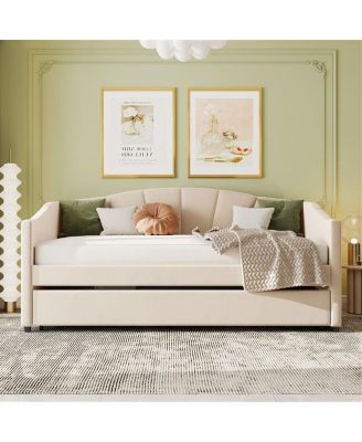 Upholstered Twin Daybed Sofa with Trundle and Wood Slats