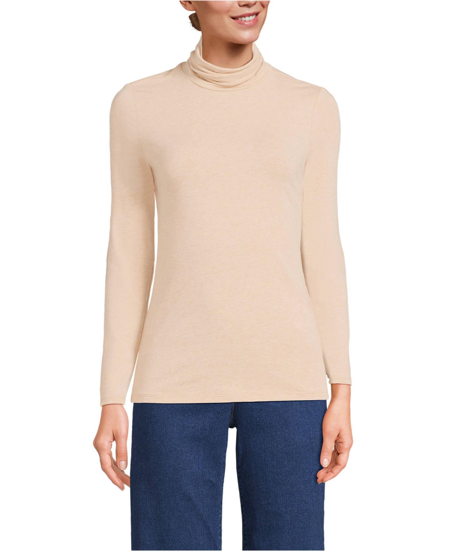 Женский топ Lands' End Tall Lightweight Jersey Long Sleeve Turtleneck, цвет: Пекан меланжевый — фото 1