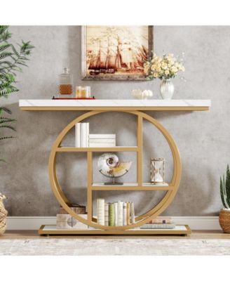 41.3" Console Table, Industrial 4-Tier Sofa Table Entryway Table with Circle Base, Narrow Wood Accent Tables with Shelves, Light Brown