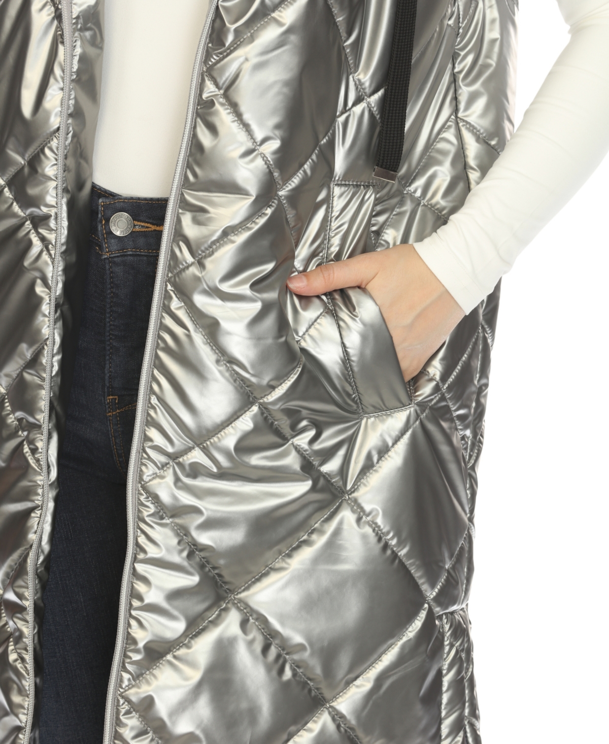 White Mark Women's Metallic Long Puffer Vest Jacket In Metallic Silver