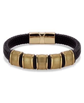 Vanguard Gold Black Leather Stainless Steel Bracelet