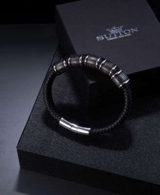 Black Vanguard Gun Metal Leather Stainless Steel Bracelet