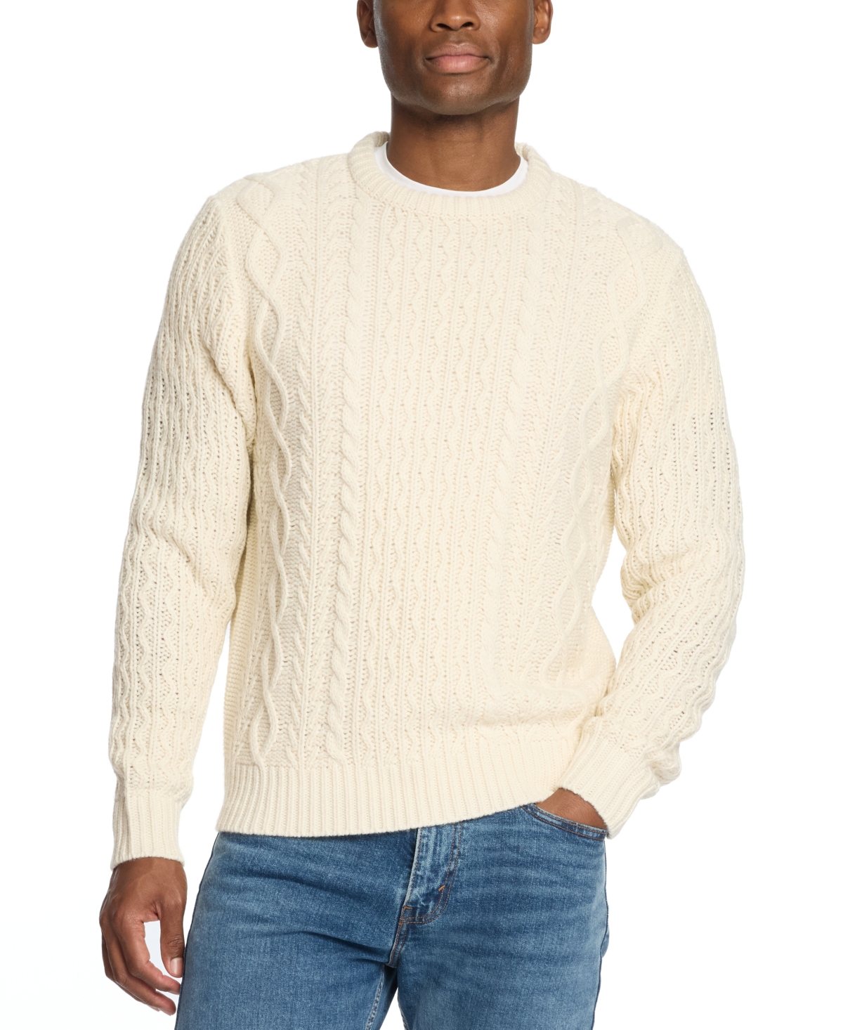 Men's Zig-Zag Cable Knit Crewneck Sweater - Ecru