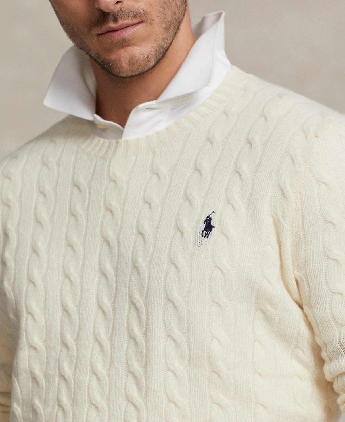 Polo Ralph Lauren Textured Cable Knit Sweater With Round Neckline And Fitted Silhouette In Natural
