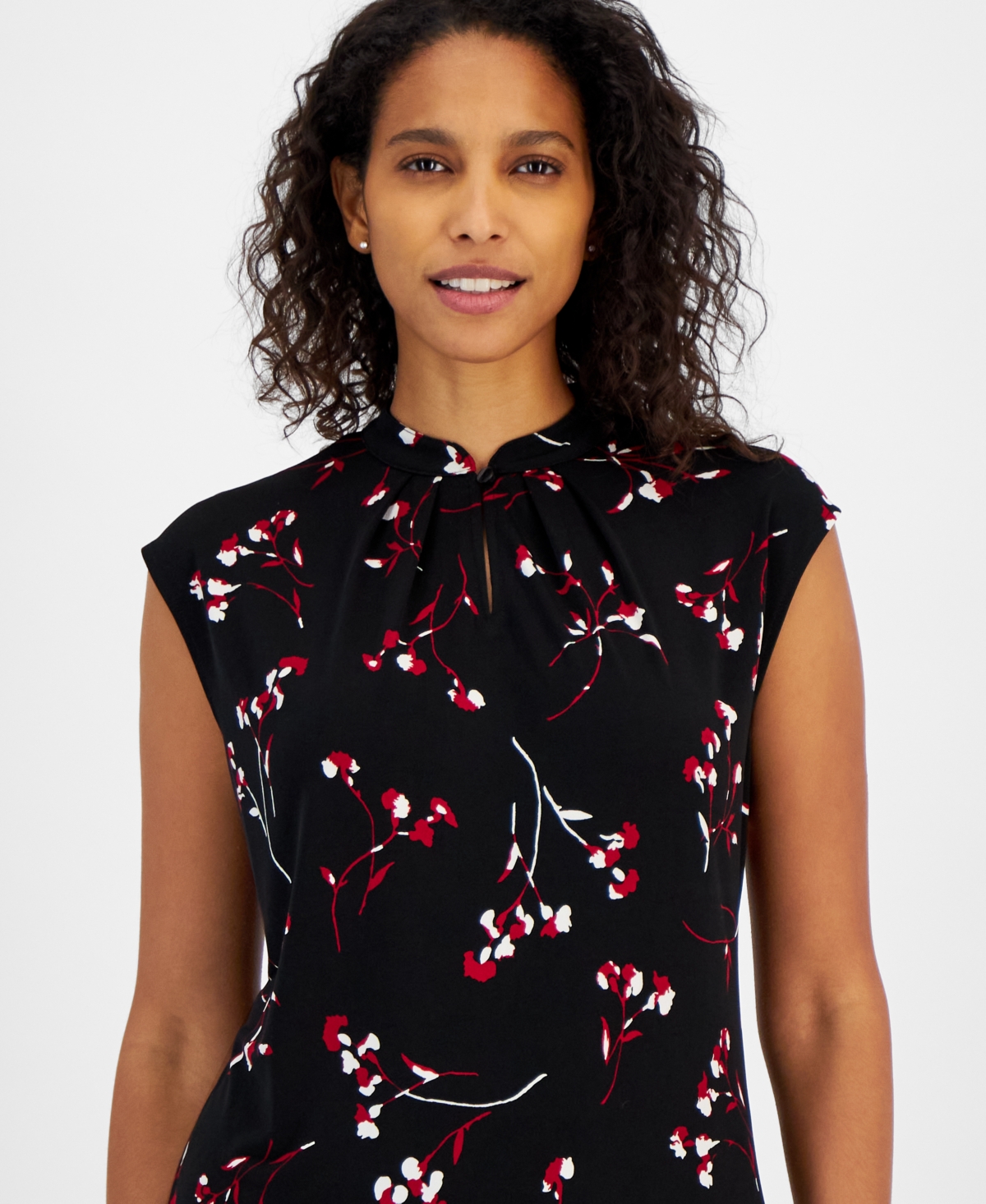 Kasper Women's Floral-Print Extend-Shoulder Button-Neck Knit Top, Regular & Petite Sizes