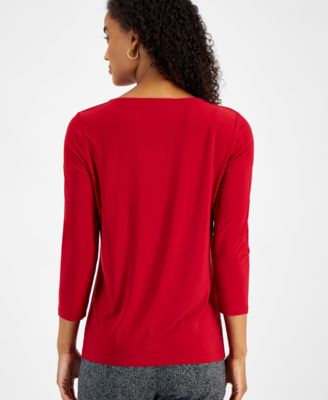 Womens Pleat-Neck 3/4-Sleeve Blouse, Regular & Petite
