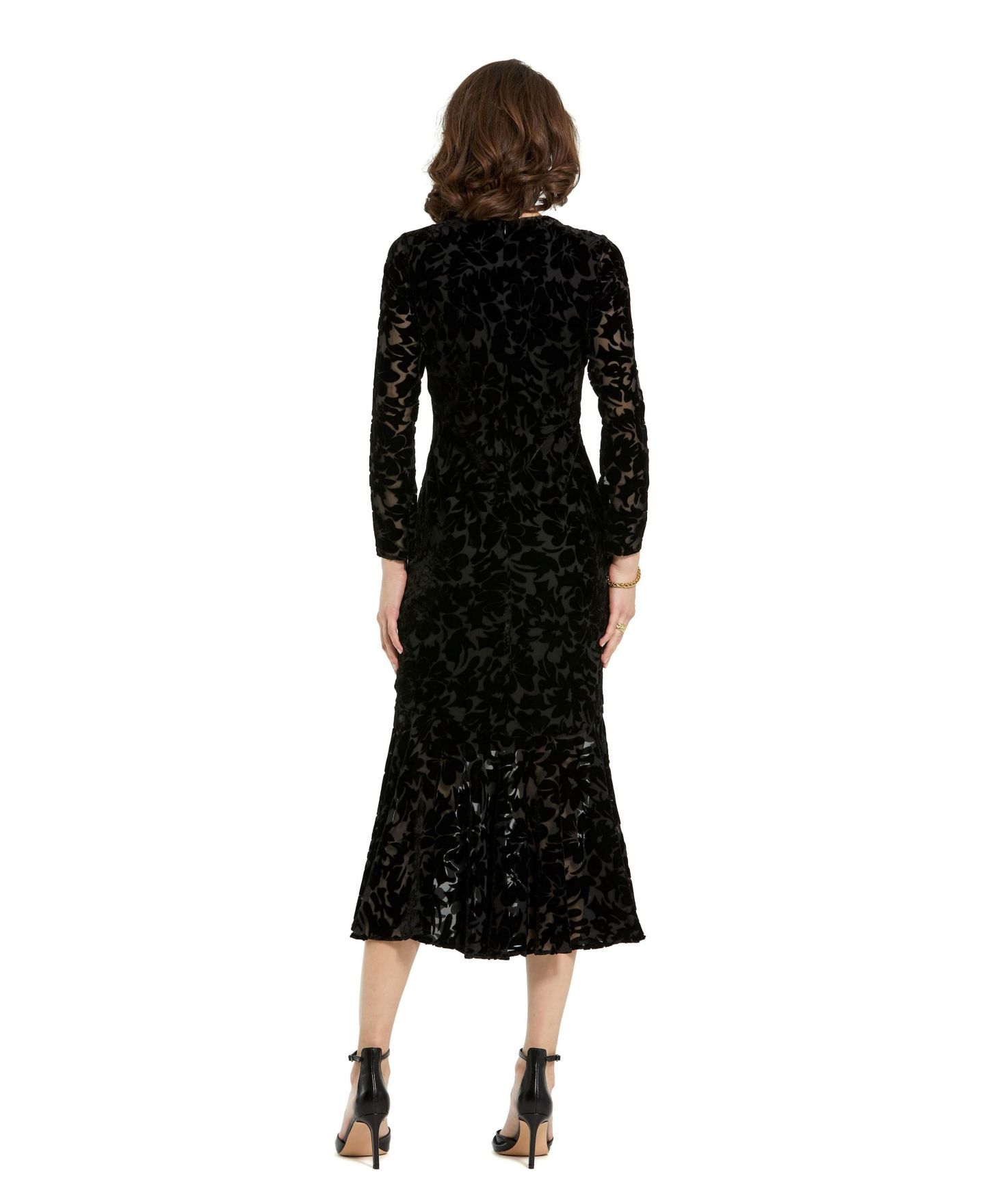 Женское платье Mac Duggal Burnout Velvet Long Sleeve Ruffle Hem Midi, цвет: Чёрный — фото 2