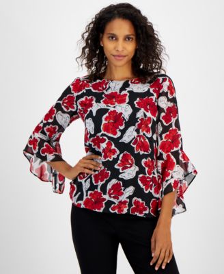 Kasper - Women's Floral-Print Crewneck Ruffle-Sleeve Blouse