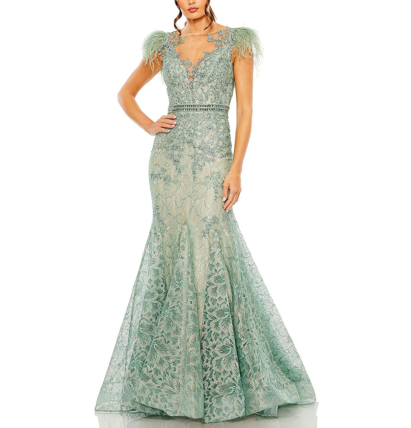 Женская кепка Mac Duggal Embellished Feather Cap Sleeve Illusion Neck Trump, цвет: Шалфейный — фото 6