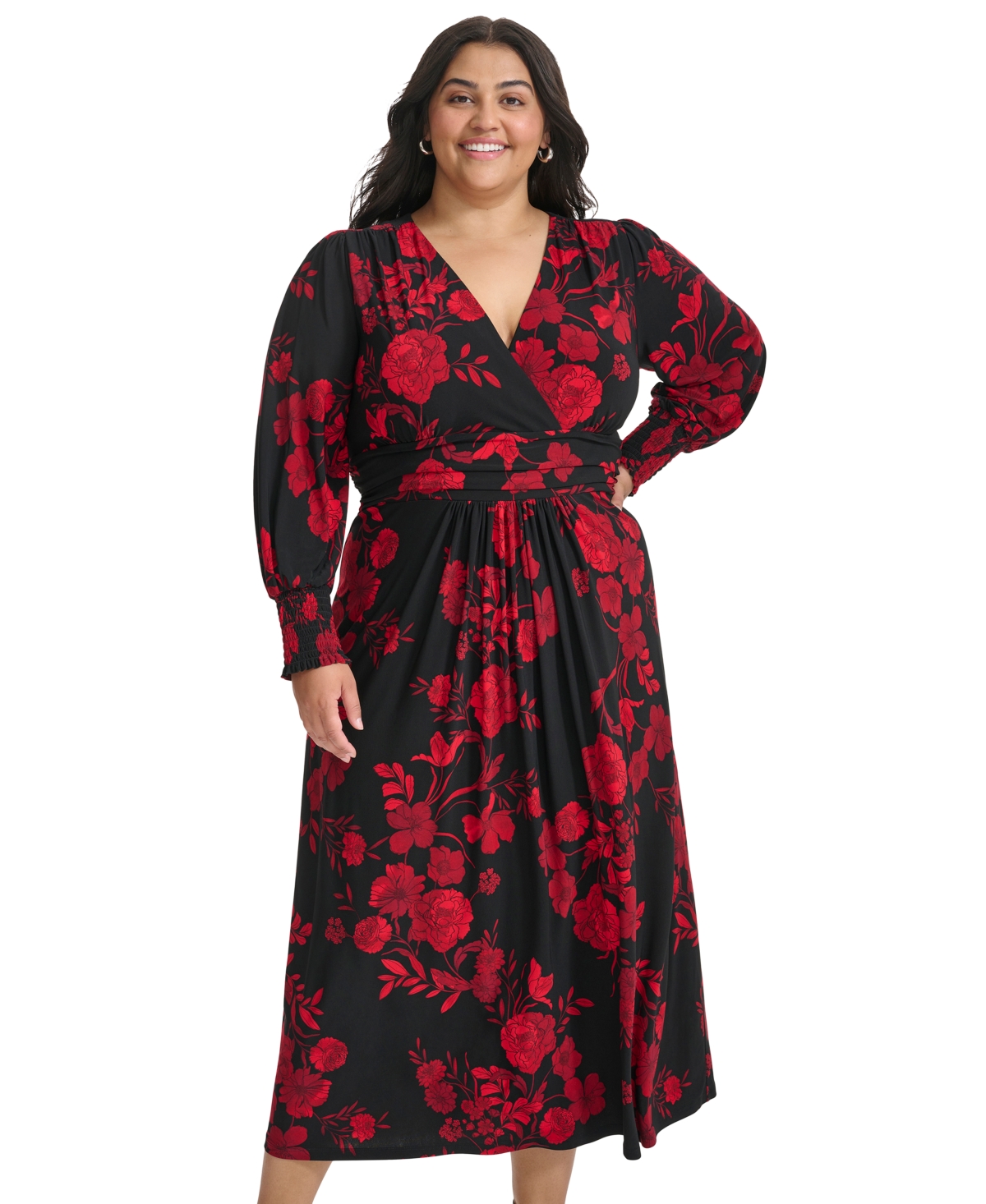 Tommy Hilfiger Plus Size Floral Smocked-Cuff Midi Dress -Scarlet