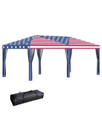Pop-Up Event Canopy with Enclosed Netting for Patio and Garden Use-American Flag Pattern