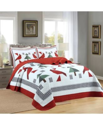 3 Pcs Winter Red Cardinals Christmas Quilt Bedspread Set King