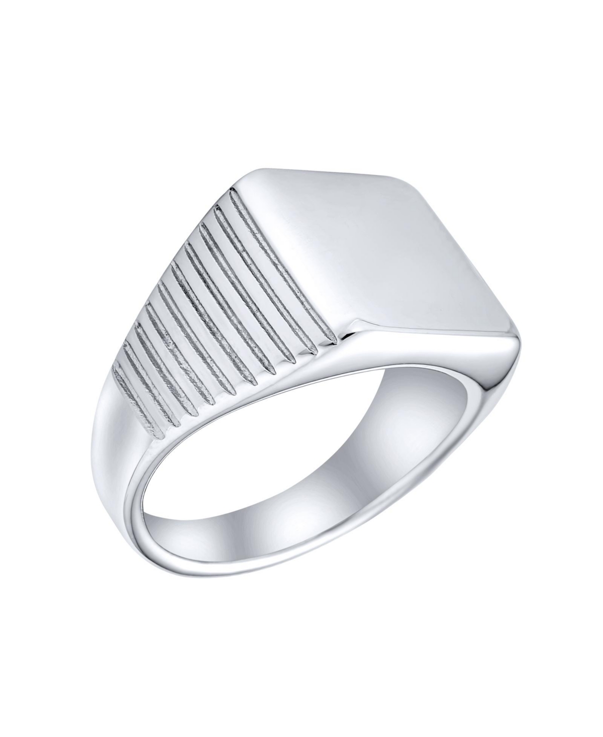 Mens Large Statement Geometric Signet Ring Black or Silver Tone Stainless Steel Polished Mirror Finish - Silver tone