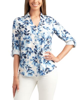 BCX - Juniors' Floral-Print Button-Down Roll-Tab-Sleeve Linen Top