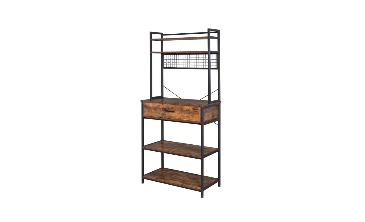 Slickblue 5-Tier Kitchen Bakers Rack – Rustic Brown, with 10 S-Shaped Hooks, 1 Drawer, and Industrial Microwave Oven Stand