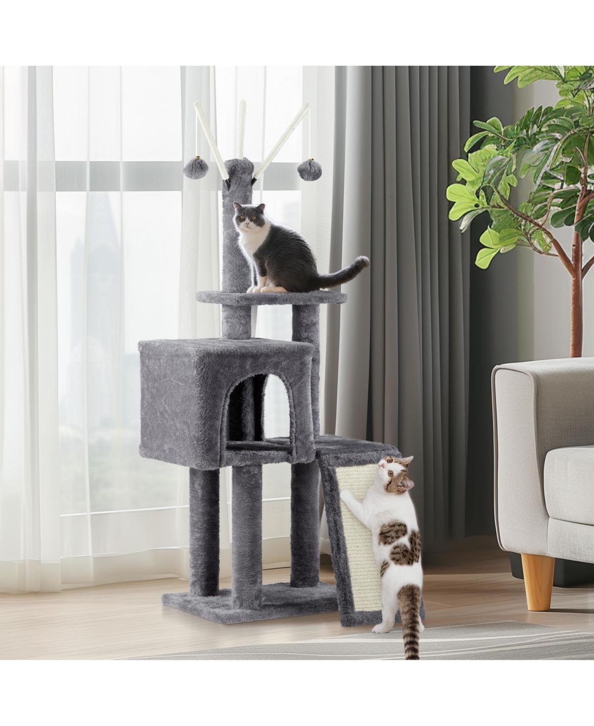 Slickblue Cat Tree – Indoor Cat Tower with Padded Platform Bed, Toy Balls, Large Cozy Condo, and Scratch Board, Dark- Grey