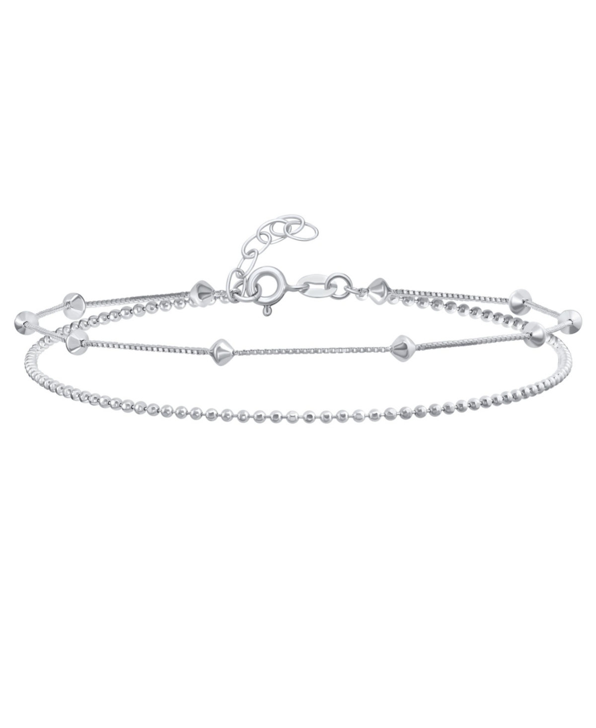 Bling Jewelry Simple 2 In 1 Set Tiny 3MM Station Shaped Beads Double Chain Anklet Strand Ankle Bracelet For Women .925 Sterling9-10 Inch Adjus