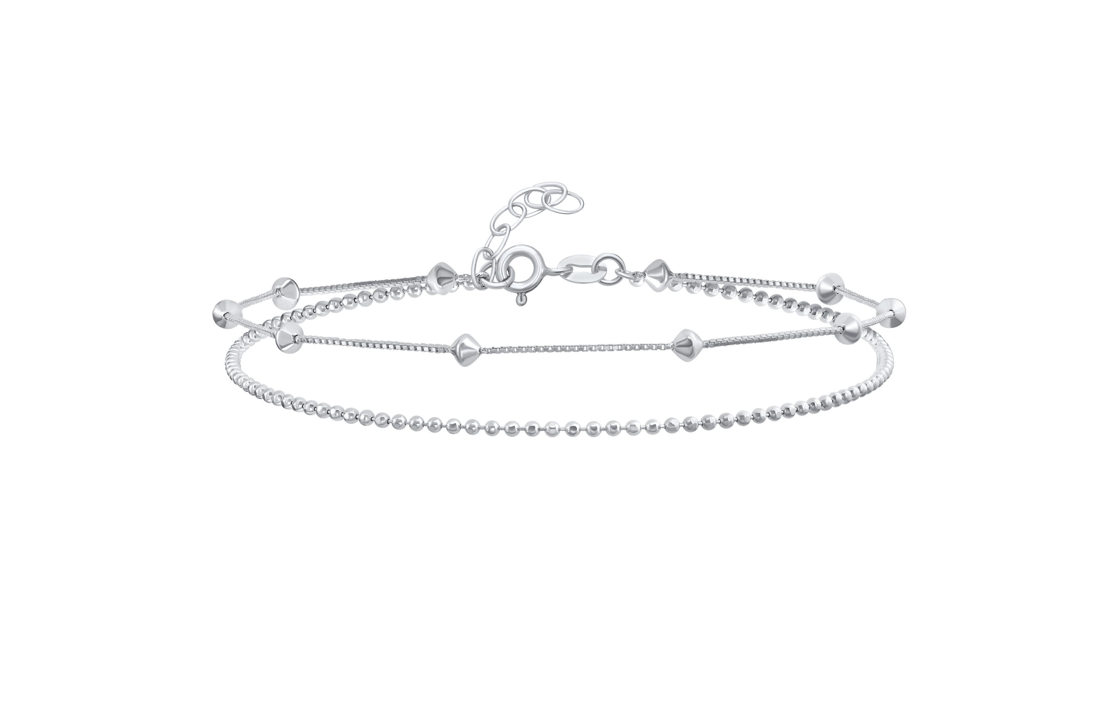 Bling Jewelry Simple 2 In 1 Set Tiny 3MM Station Shaped Beads Double Chain Anklet Strand Ankle Bracelet .925 Sterling Silver 9-10 Inch Adjustable