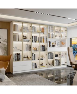 30-Shelf White Wood Standard Bookcase With Doors,LED Lights,Drawers