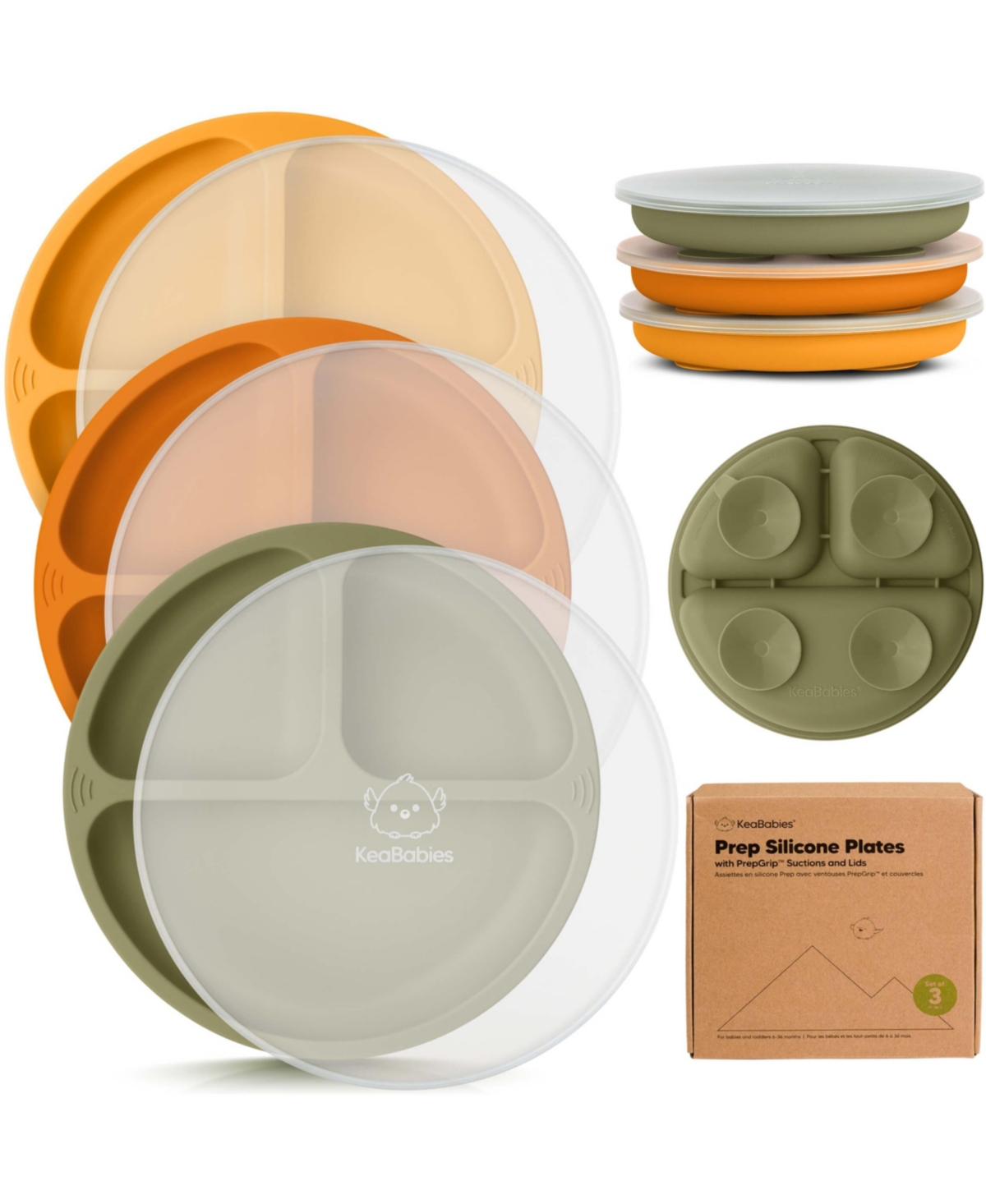 KeaBabies 3-Pack Prep Suction Plates with Lids, 100% Silicone Baby Plates with Lid, Bpa-Free Kids Divided Toddler Plates