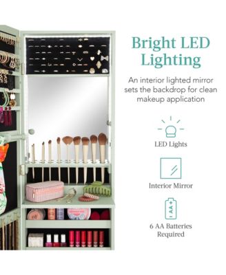 Hanging Mirror Jewelry Armoire, Door or Wall Mounted Cabinet w/ LED Lights, Lock