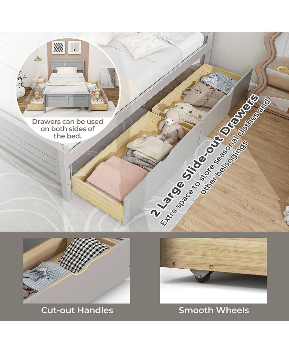 Gymax Full Size Wooden Bed Frame w/ 2 Storage Drawers & Under-bed Storage Gray - Grey+natural