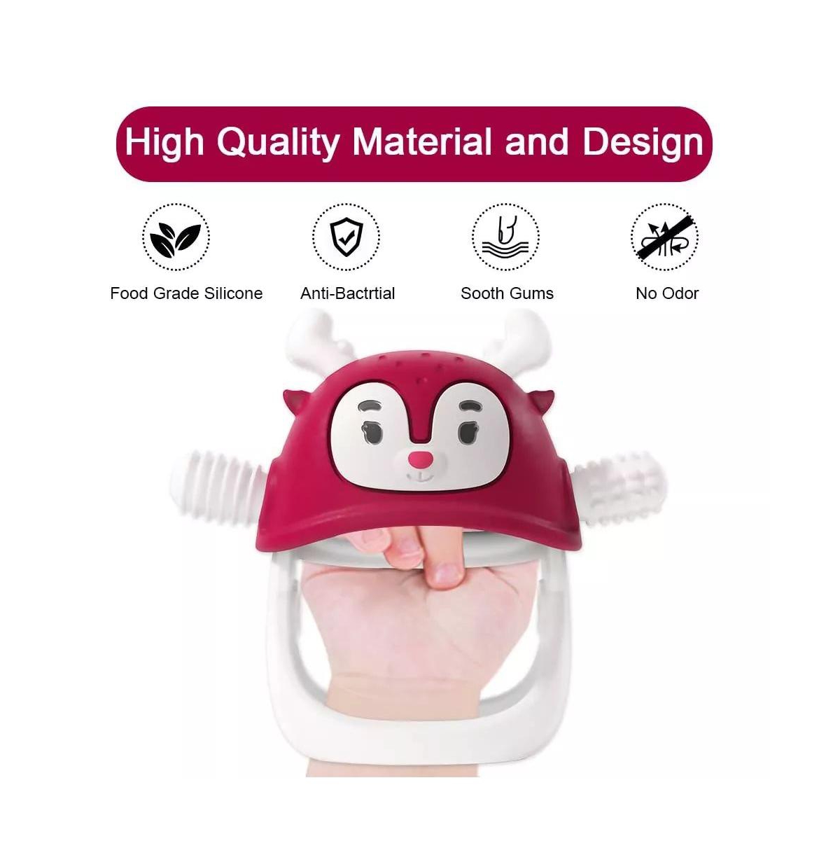 Smily Mia 1 Reindeer & Penguin Baby Teething Toy Set for Infants 3 Months Plus, Soothing Wearable Baby Chew Toy Sucking Needs - Light Pink