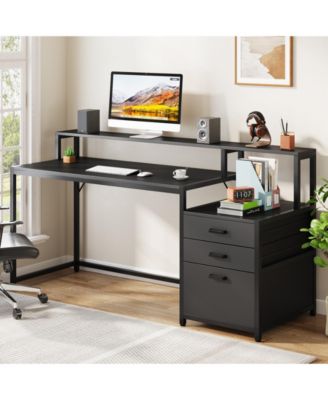 63 Inch Computer Desk with File Drawer Cabinet, Ergonomic Office Desk with Monitor Stand, Computer Table with Printer Space, Wood PC Table Workstation Desk for Home Office