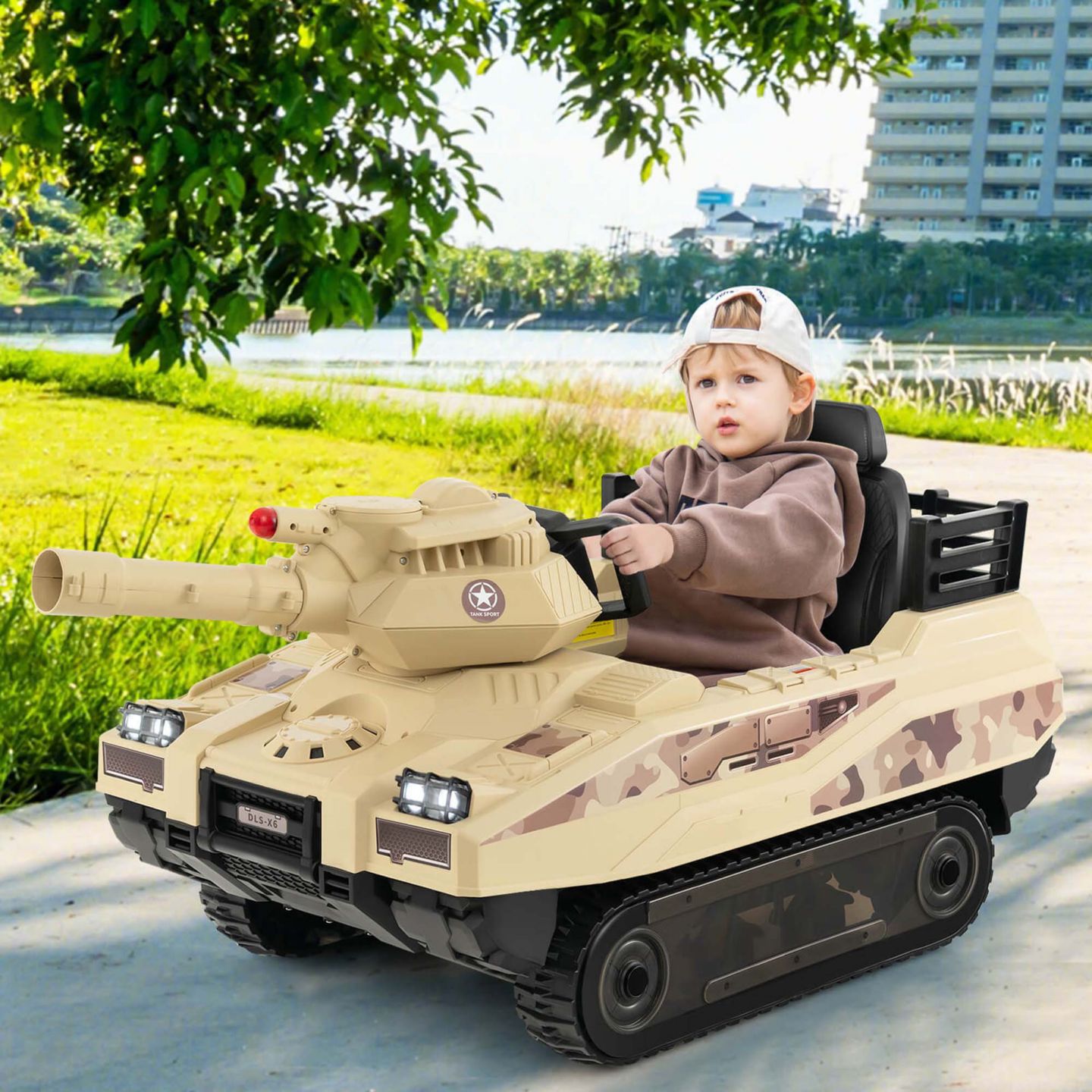Детские игрушки Costway Electric Remote Control Rotatable Turret Kids Ride On Tank, цвет: Коричневый — фото 6
