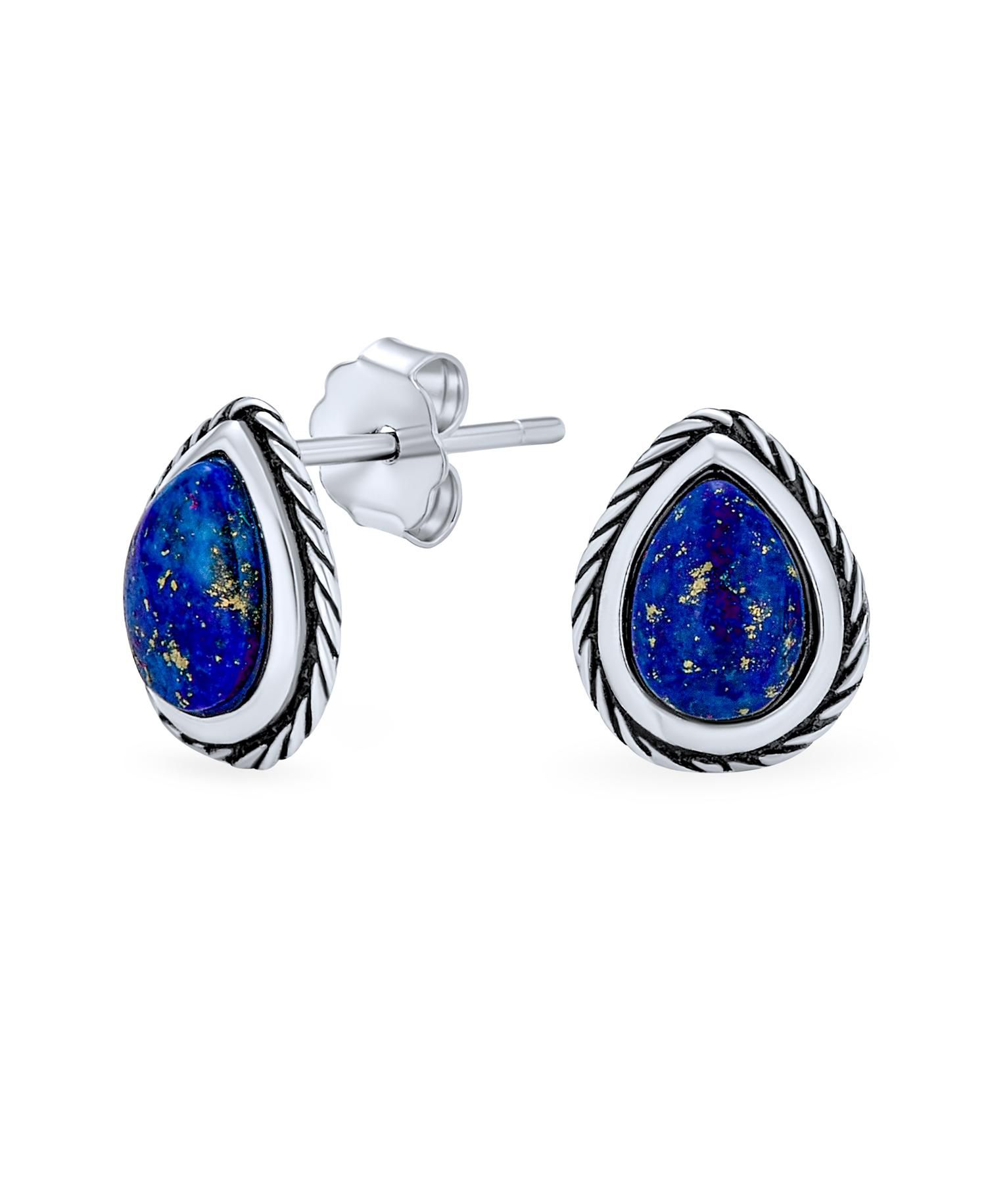Bali Style Bezel Set Blue Lapis Teardrop Stud Earrings .925 Sterling Silver