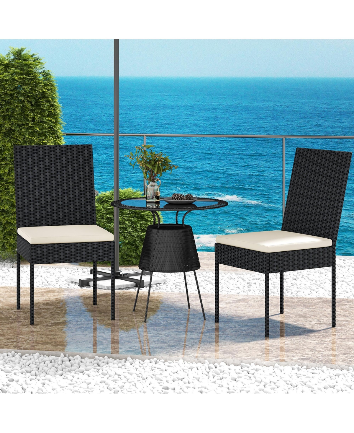 Gymax Pe Wicker Patio Chairs Set of 2 Outdoor Dining Chairs w/ Cushions Off- White