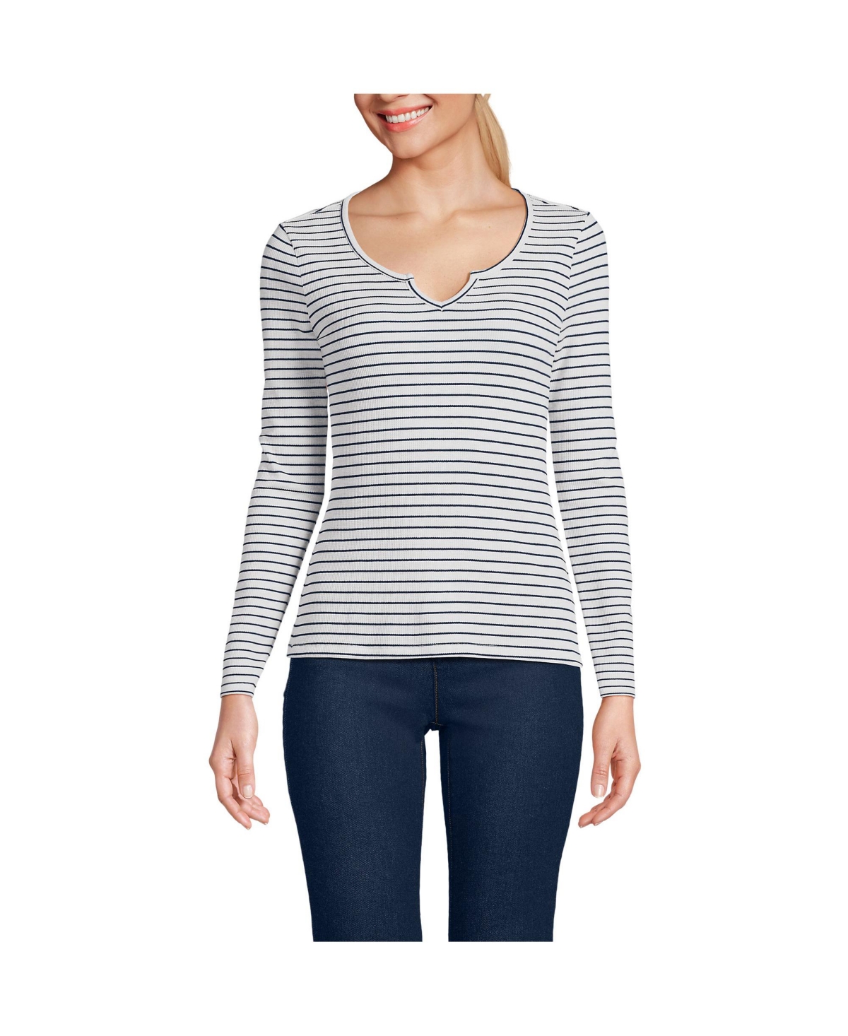 Women's Lightweight Waffle Long Sleeve Notch Neck T-Shirt - Ivory mini breton stripe