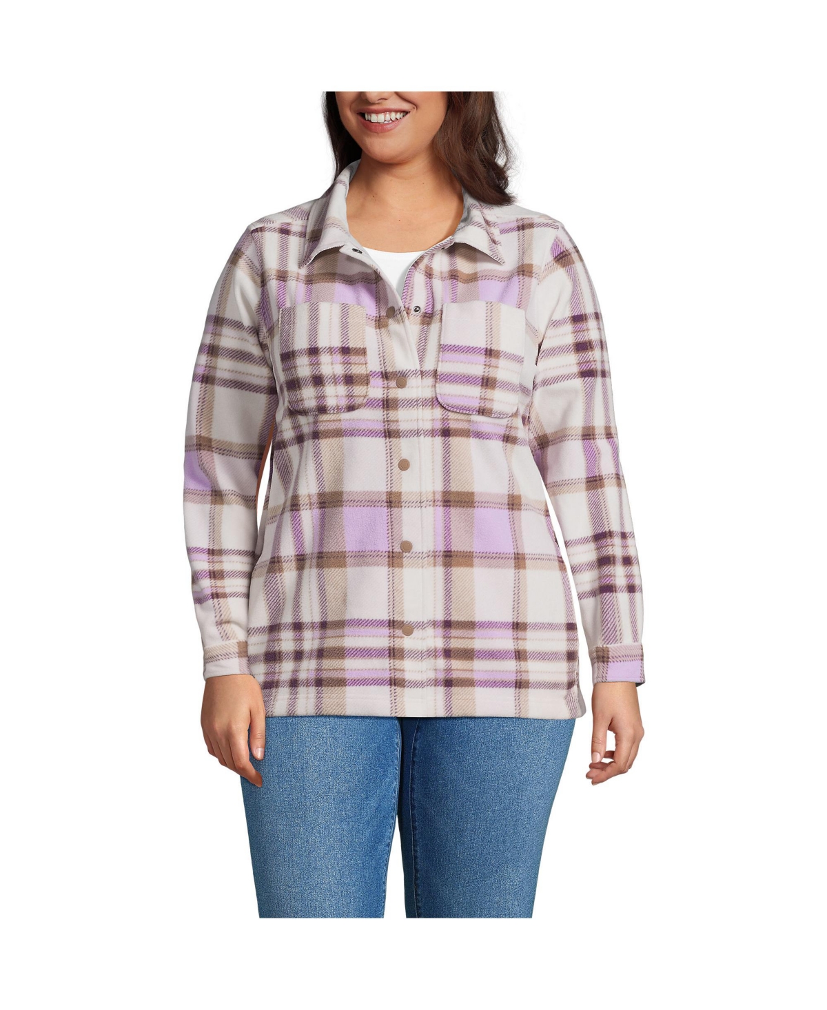 Lands End Plus Size Anyweather Fleece Shirt Jacket Black slate warm almond plaid Smart Closet