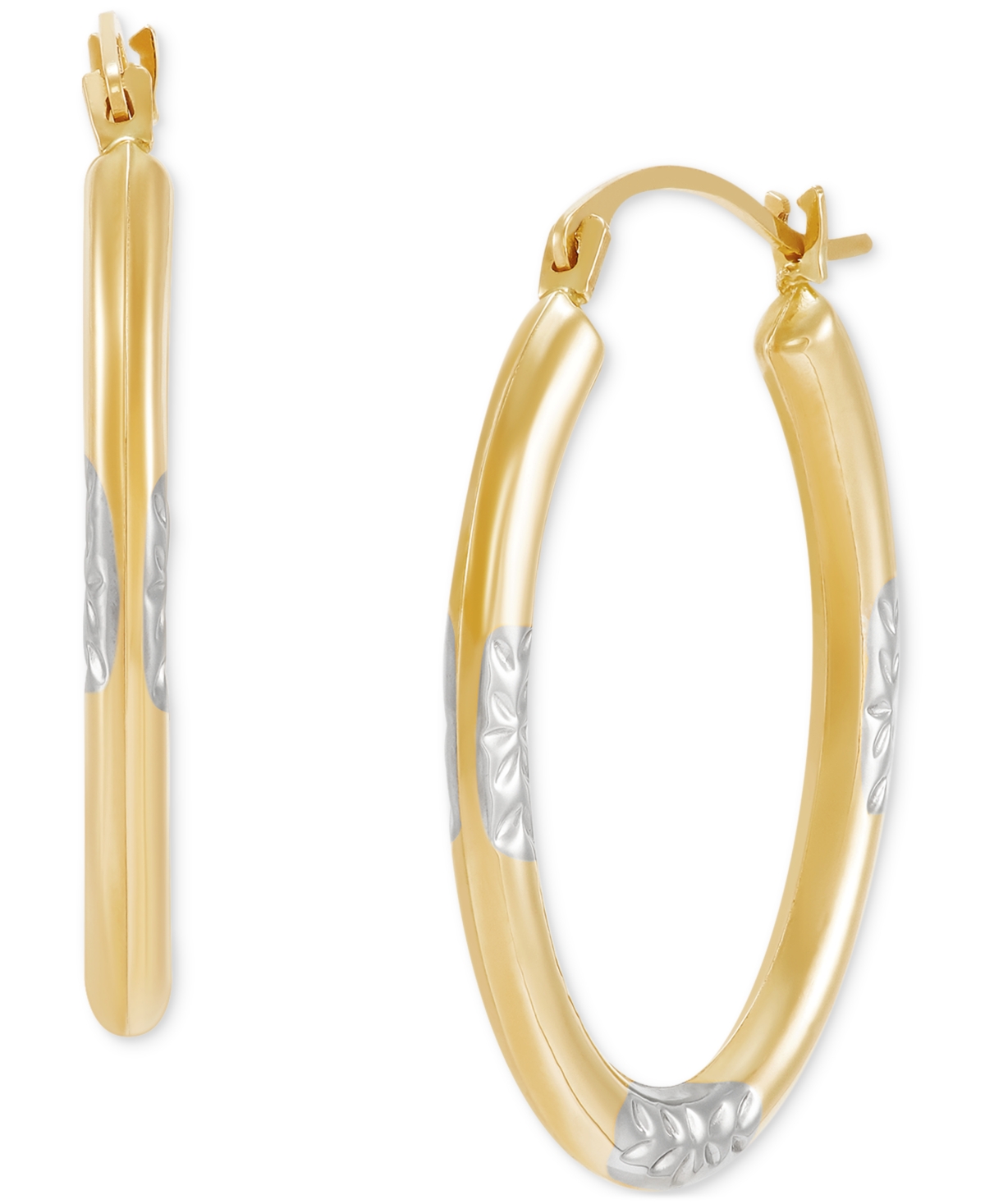 Polished & Textured Oval Two-Tone Small Hoop Earrings in 10k - Gold