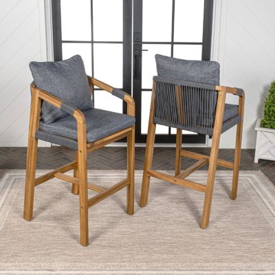 Porto 2-Pc. Acacia Wood Roped Cushioned Armrest Tub Outdoor Bar Stools