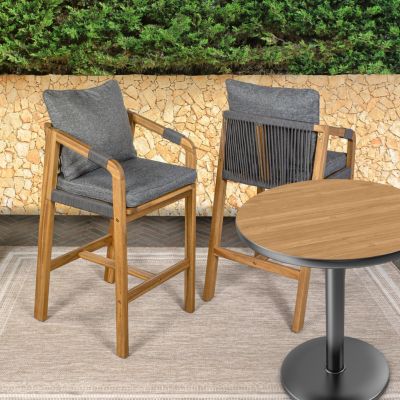 Porto 2-Pc. Acacia Wood Roped Cushioned Armrest Tub Outdoor Bar Stools