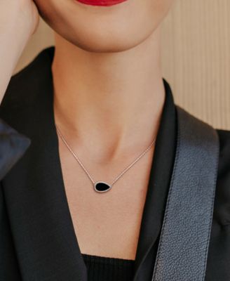 Black Agate Pear Bead Frame 17" Pendant Necklace in Sterling Silver (Also in White Agate, Malachite, & Lapis)