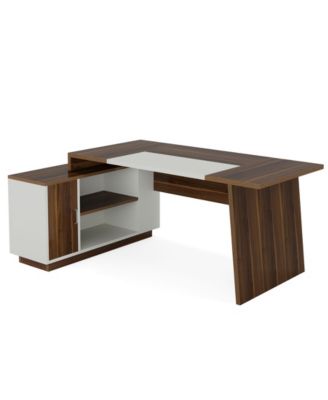 70.5-Inch Executive Office Desk: Modern L-Shaped Desk with File Cabinet and Storage Shelves, Large Wood Computer Desk, Walnut & White