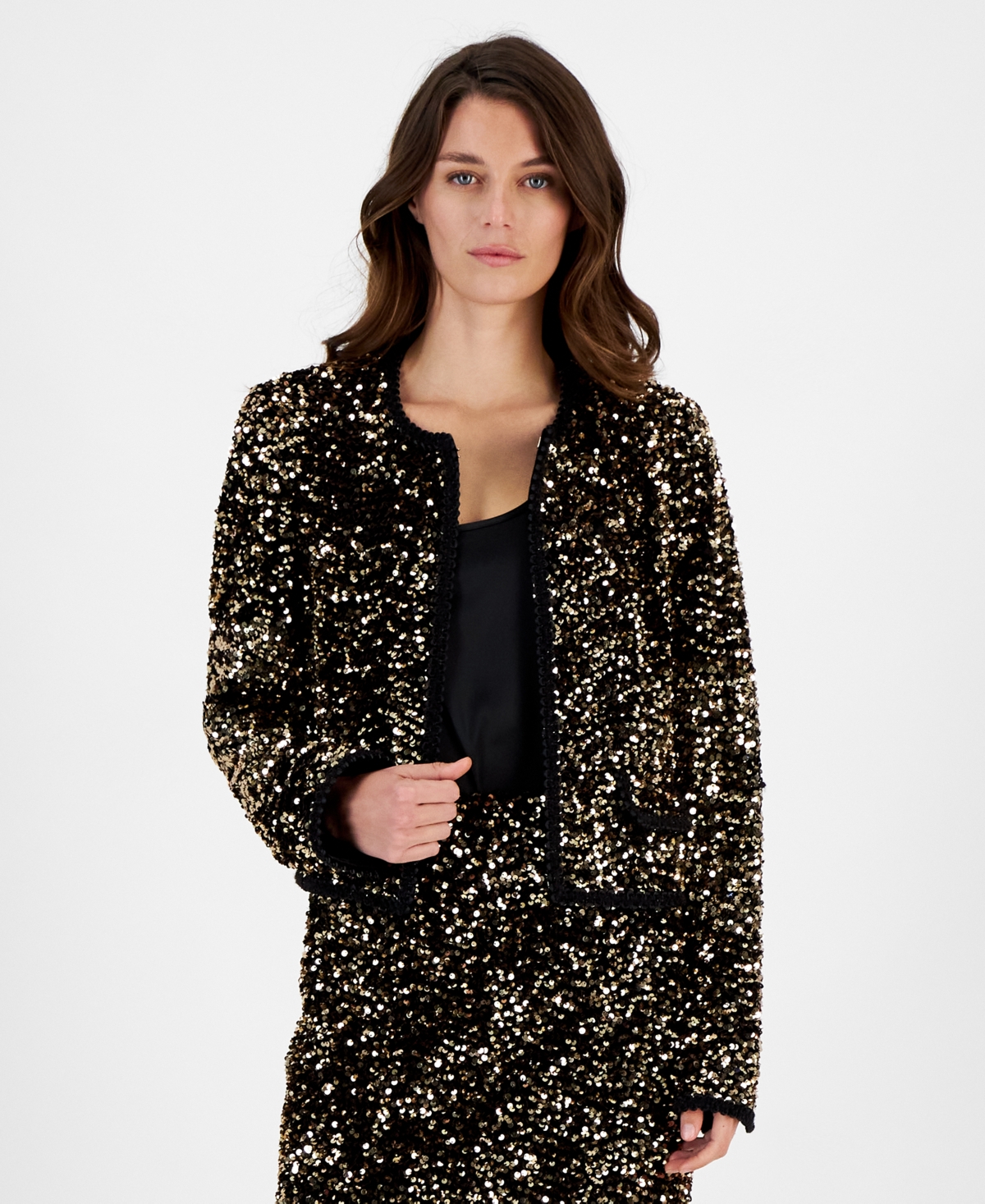 Shop Tahari Asl Women's Sequin Hook-and-eye Blazer In Gold,black