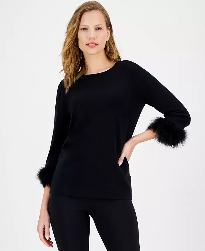 Women's Crewneck Feather-Trim-Cuff Sweater - thumbnail 4