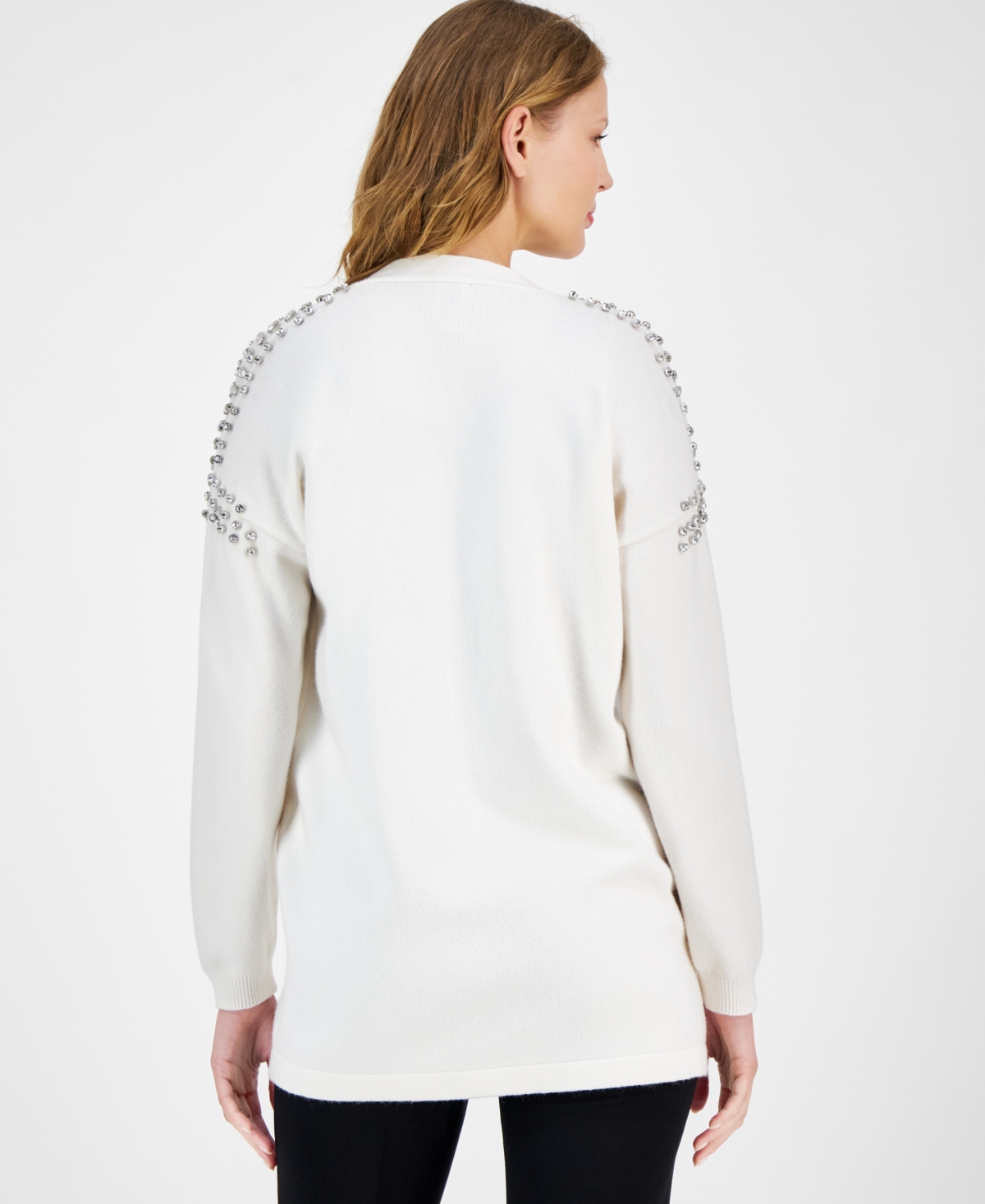 Anne Klein Womens Embellished Knit Cardigan Sweater In Anne White