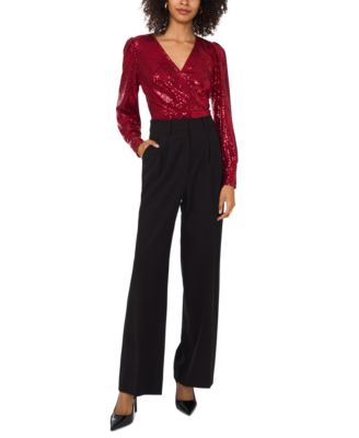 Women's Sequined Faux-Wrap Long-Sleeve Top