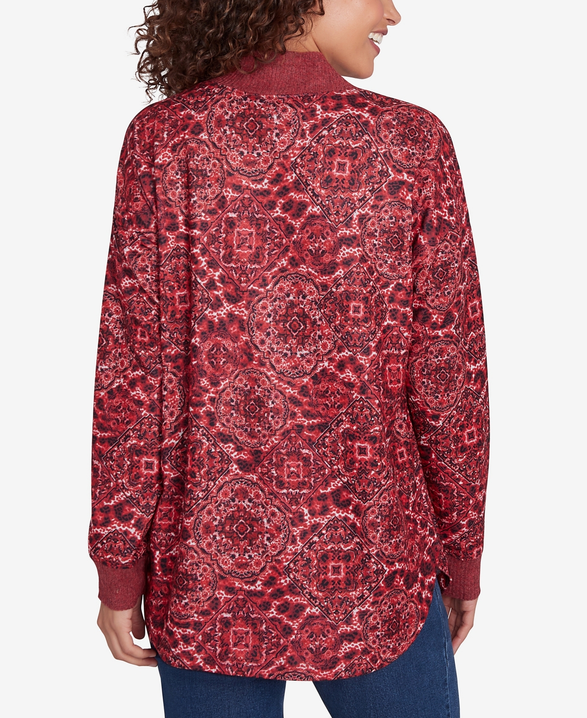 Ruby Rd. Petite V-Neck Leopard Medallion Printed Hatchi Knit Top with Solid Rib Trim