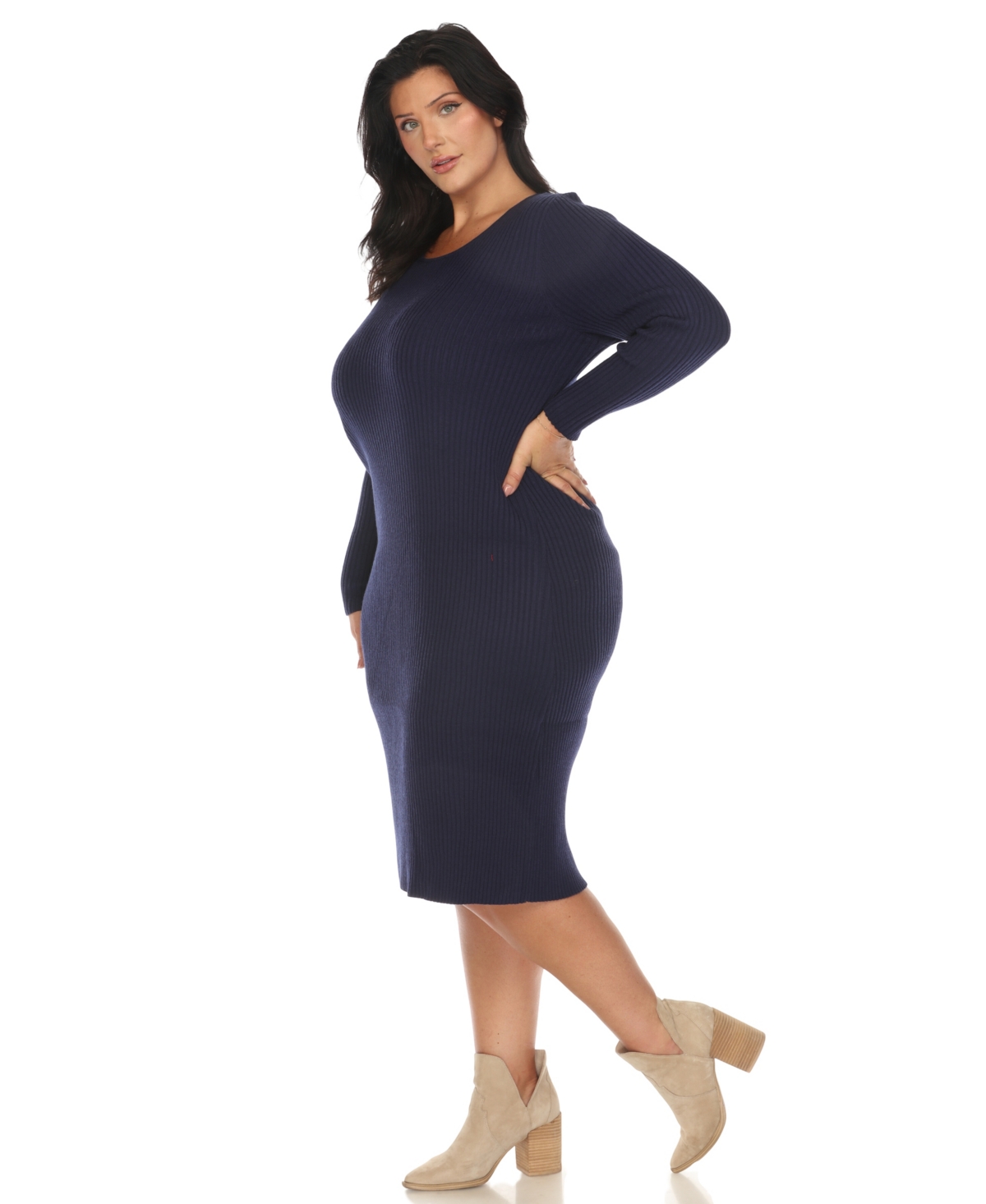 White Mark Plus Size Rib Midi Sweater Dress In Navy